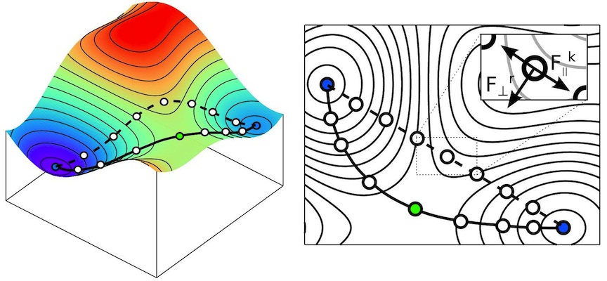 Cartoon of a NEB path initialization by linear interpolation and final sampling of the MEP. Each image only feels the component of the spring force parallel to the path tangent and the real force perpendicular to the path tangent. Image source & copyright [Cordier2018]_.