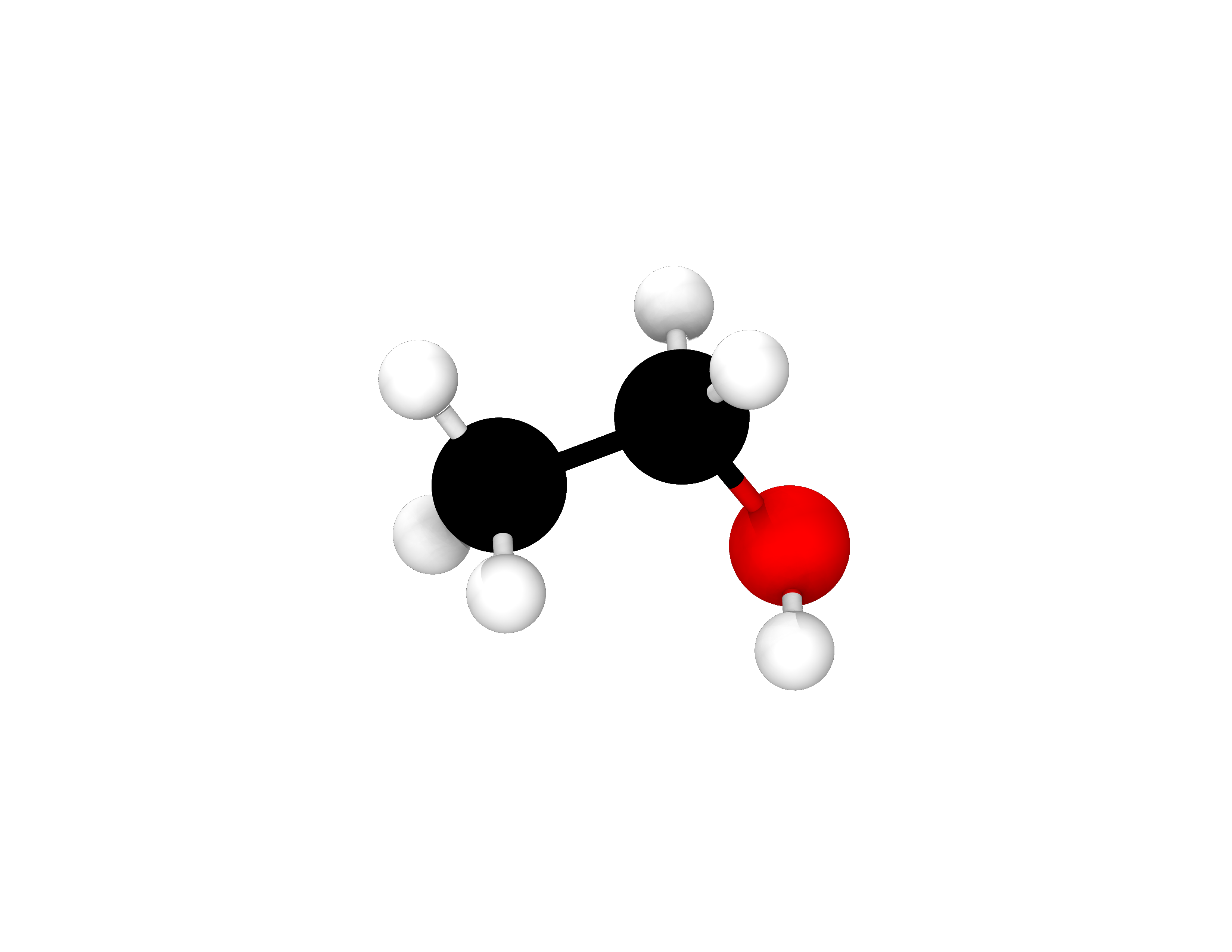 Atomic configuration of the ethanol molecule after relaxing its geometry in ONETEP. Colour code: carbon - black, oxygen - red, hydrogen - white.