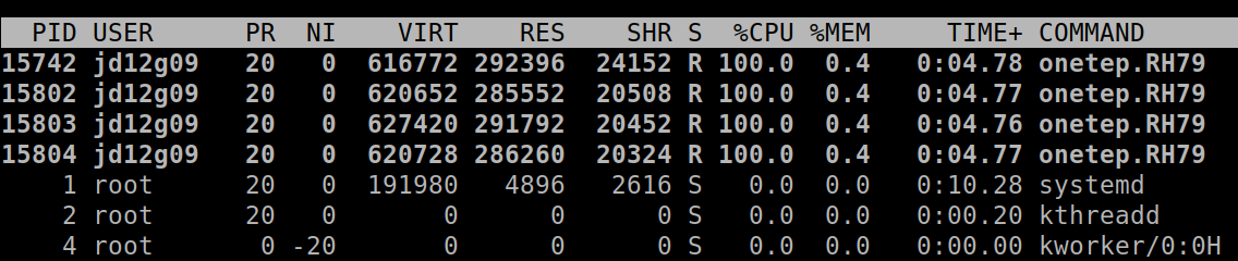 Four ONETEP processes running on one machine, each utilising 100% of a CPU core and 0.4% of available memory.