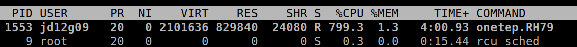 One ONETEP process that spawned eight threads, running on one machine, utilising almost 800% of a CPU core and 1.3% of available memory – this is for the entire process encompassing eight threads.